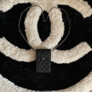 NEW! Black Quilted Leather Chain Wallet Phone Holder Crossbody Bag